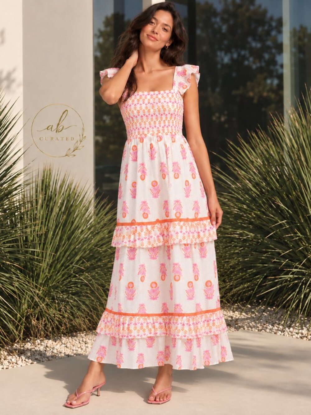 Calypso St. Barth Alma Pink Floral Smocked Tiered Cotton Maxi Dress Size M NWT